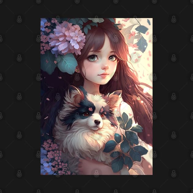 Cute Floral Anime girl With Her Dog by GothicDesigns