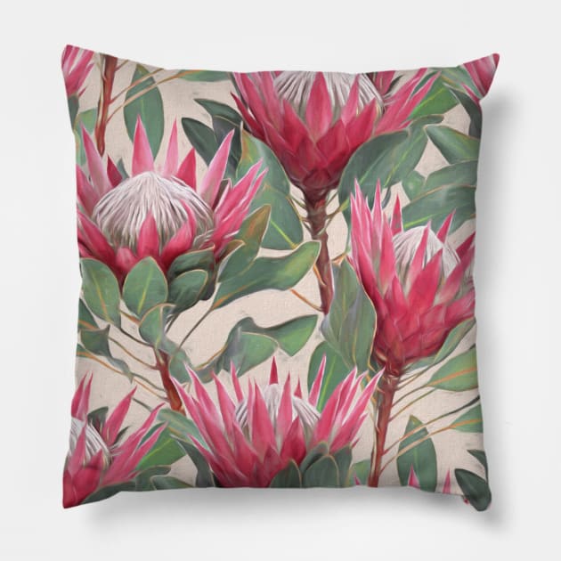 Painted King Proteas on Cream Pillow by micklyn