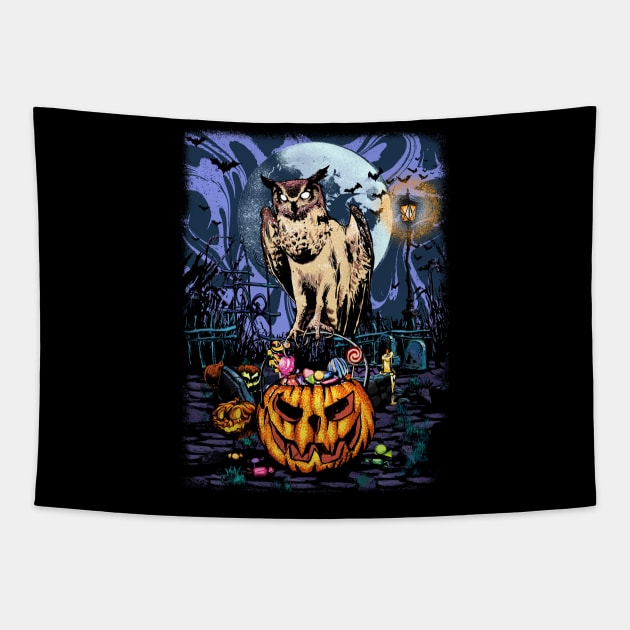 mysterious owl handing out halloween candy with spooky pumpkin bucket Tapestry by gambar_corek