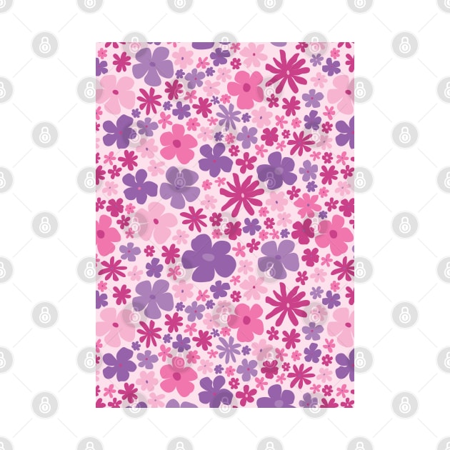 retro pink florals, hot pink, groovy 60s pattern, 70s flowers, pink flowers, girly, for teen girl by blomastudios