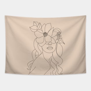 Minimalist Female Line Drawing Flower head Woman Tapestry