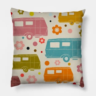 Colourful Vintage Caravans and Flowers Pattern Pillow