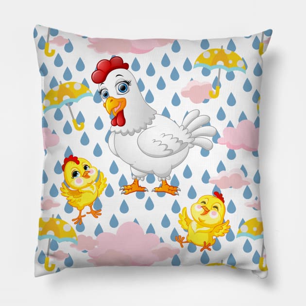 Happy Chicks in Rain--White Pillow by The Chicken Lady