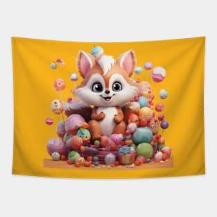 Sweet Fox on Candy Pile: Colorful Cartoon for Kids Tapestry