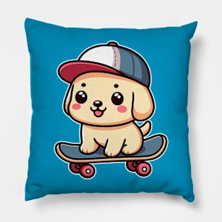 Kawaii Labrador Retriever Puppy On A Skateboard Cute Skater Dog Pillow