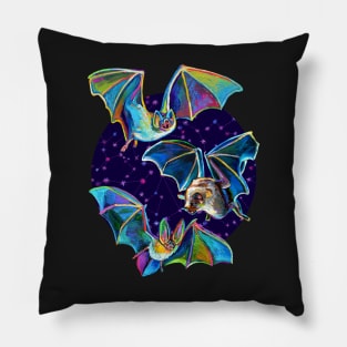 Psychedelic Bat Trio Pattern on Blue Pillow