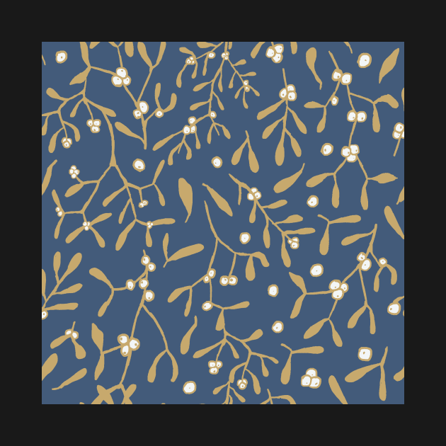 golden mistletoe and berries on dark cobalt blue seamless repeat pattern by colorofmagic