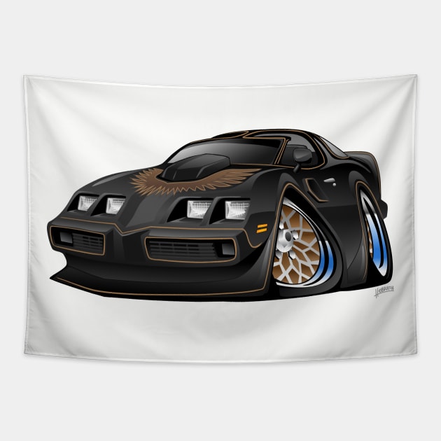 Classic American Black Muscle Car Cartoon Tapestry by hobrath