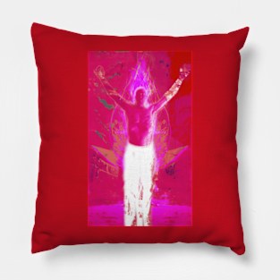 Portrait, digital collage and special processing. Shirtless man, stands. All chakras opened. Mystic. Bright, strong pink. Pillow