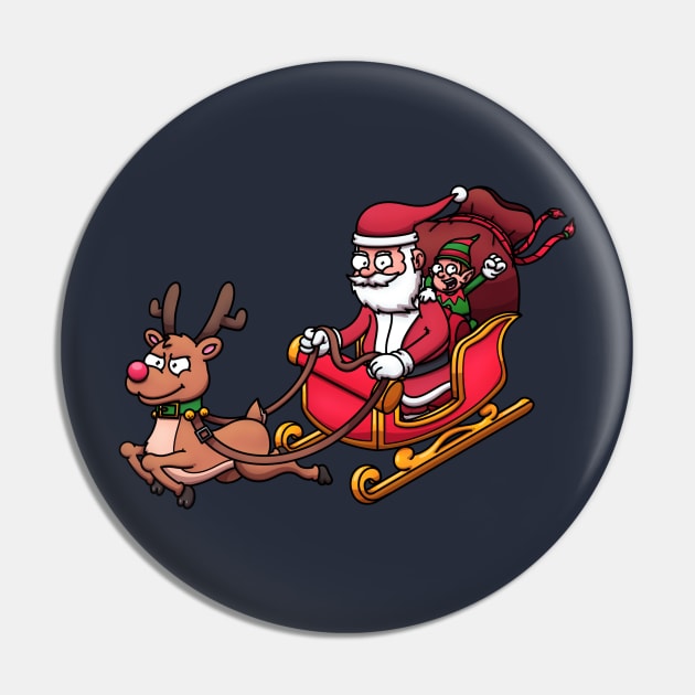 Cartoon Santa Claus And Elf Riding Sleigh With Reindeer Pin by TheMaskedTooner