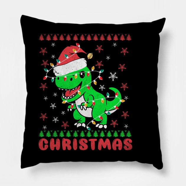 Tree Rex T-rex wrapped with Christmas Lights Christmas Tree Pillow by BadDesignCo