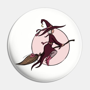 Pink Flying Witch Digital Illustration Pin