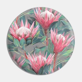 Painted King Proteas - pink on grey Pin