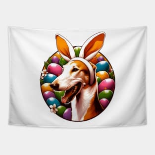 Ibizan Hound Celebrates Easter with Bunny Ears and Joy Tapestry