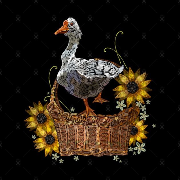 goose wicker basket embroider by Mako Design 