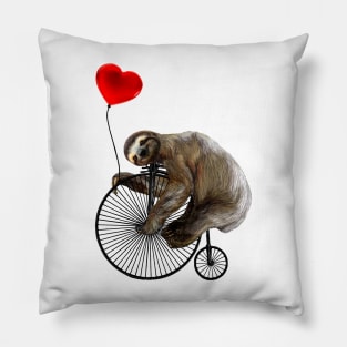 Sloth on Penny Farthing Velocipede with Heart Balloon Pillow