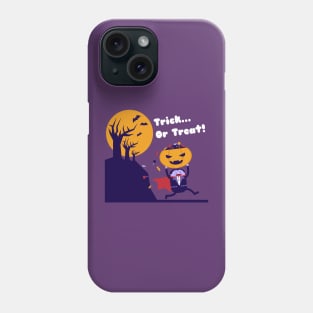 Cute Dracula running bring a lot of candy on Halloween Jack O Lantern. Phone Case