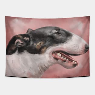 A Painting of a Black and White Bull Terrier on Pink Background Tapestry