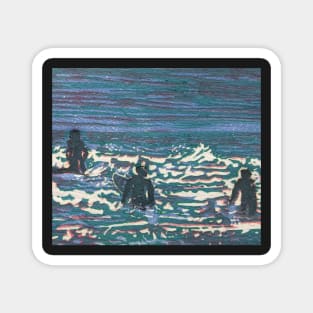 "Surfers" from a 6 colour original reduction linocut by Geoff Hargraves Magnet