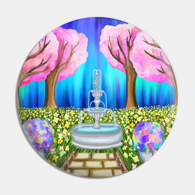 Daffodil Cherry Blossom Fountain Garden of Spring Pin by Art by Deborah Camp