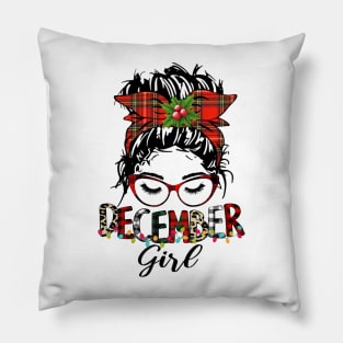 Messy Bun December Girl Christmas Lights Birthday Pillow