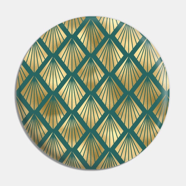 Teal and Gold Vintage Art Deco Diamond Fan Pattern Pin by podartist