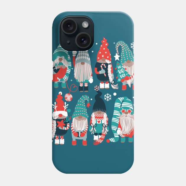 Let it gnome // spot // dark teal background little Santa's helpers preparing for Christmas neon red mint dark green and duck egg blue dressed gnomes Phone Case by SelmaCardoso