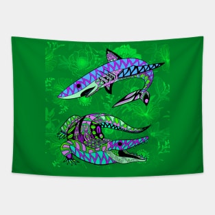 the shark and the alligator in pattern ecopop art in jungle style Tapestry