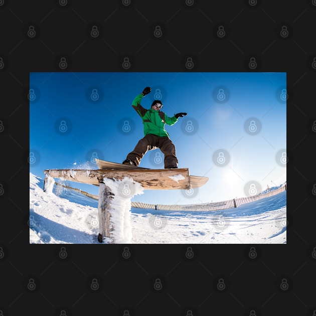 Snowboarder sliding on a rail by homydesign