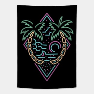 Retro Summer Beach Line Art with Palm Trees Tapestry