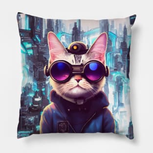 Cool Japanese Techno Cat In Japan Neon City Pillow