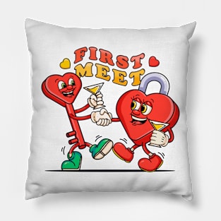 First met on Valentine's Day, cute cartoon mascot couple lock and key Pillow