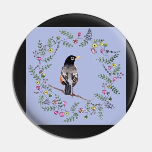 American Robin with Flower Wreath and lilac background Pin