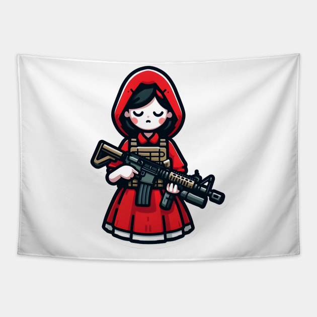 Tactical Little Red Riding Hood Adventure Tee: Where Fairytales Meet Bold Style Tapestry by Rawlifegraphic