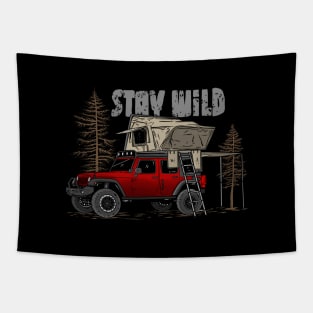 Stay Wild Jeep Camp - Adventure red Jeep Camp Stay Wild for Outdoor Jeep enthusiasts Tapestry