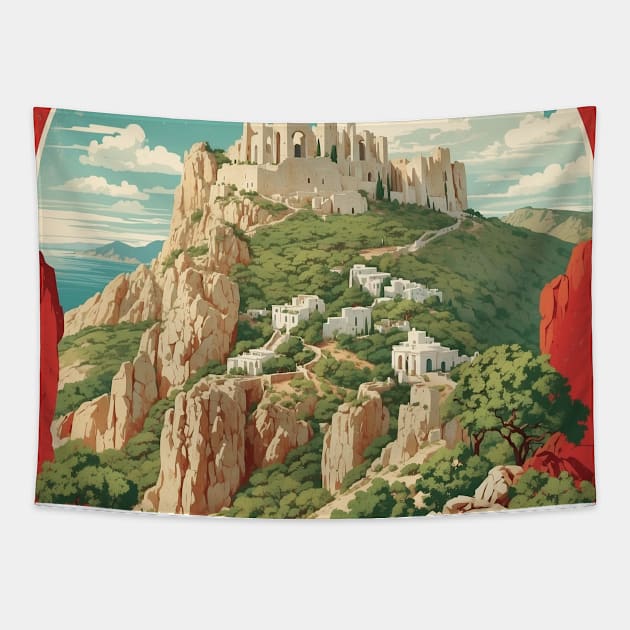 Monolithos Castle Greece Tourism Vintage Travel Poster Tapestry by TravelersGems