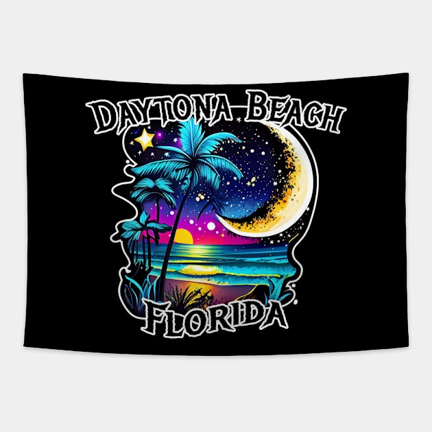 Daytona Beach Florida FL Moon Sunset Beach Ocean Palm Tree Tapestry by heybert00