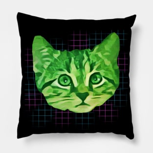 Green Kitty Face Grid Background Pillow
