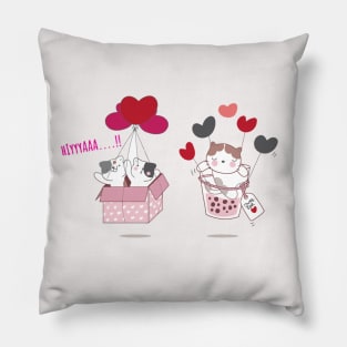 cute animal cat flying with love red balloon Pillow