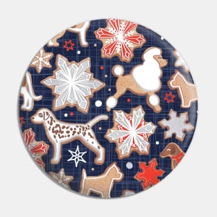 Catching ice and sweetness // pattern // navy blue background gingerbread white brown grey and dogs and snowflakes neon red details Pin