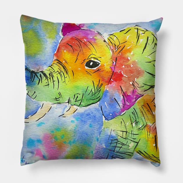 Colourful Cute Elephant blowing his own trumpet Pillow by Casimirasquirkyart