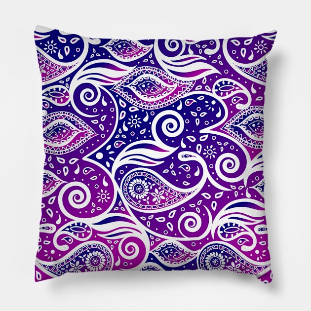 Paisley Bohemian Breeze Art - White and Shades of Purple and Blue Pillow by GDCdesigns