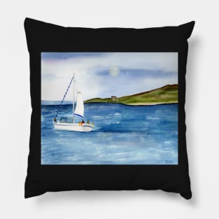 Sailing at Full Moon Watercolor Painting Pillow