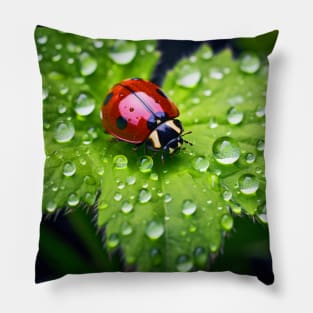 Ladybug on a leaf with morning dew Pillow