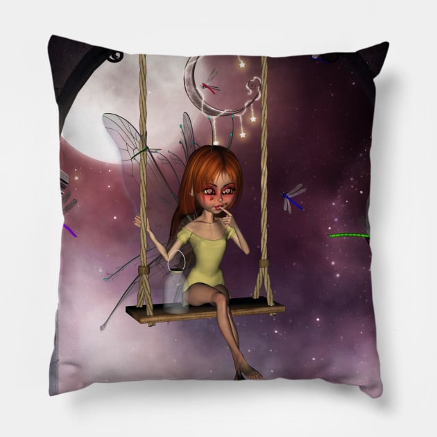 Little fairy on a swing with dragonfly in the night Pillow by Nicky2342