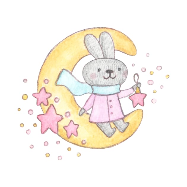 Cute watercolor bunny on the moon by Viaire