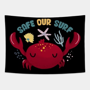 Safe our Surf quote with cute sea animal crab, starfish, coral and shell aesthetic pastel color illustration. Tapestry