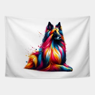 Vibrant Belgian Sheepdog Portrait in Colorful Splash Style Tapestry