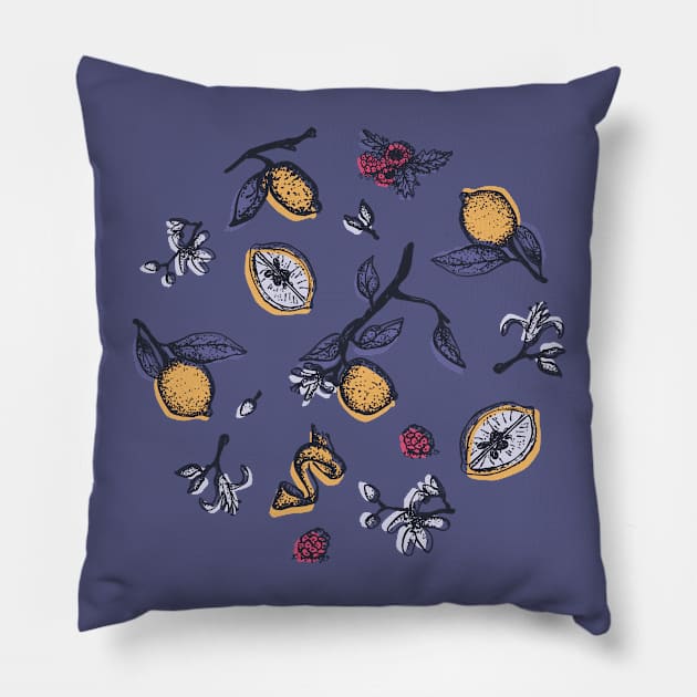 Lemon and raspberry mix Pillow by carrot4all