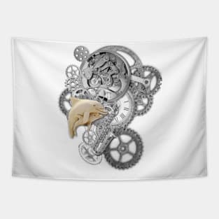 Steampunk-Silver-Art Dolphins Sculpture Tapestry